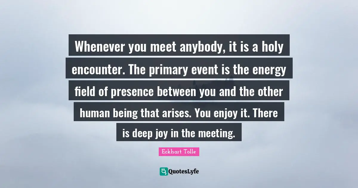 Whenever you meet anybody, it is a holy encounter. The primary event is the energy field of presence between you and the other human being that arises. You enjoy it. There is deep joy in the meeting.
