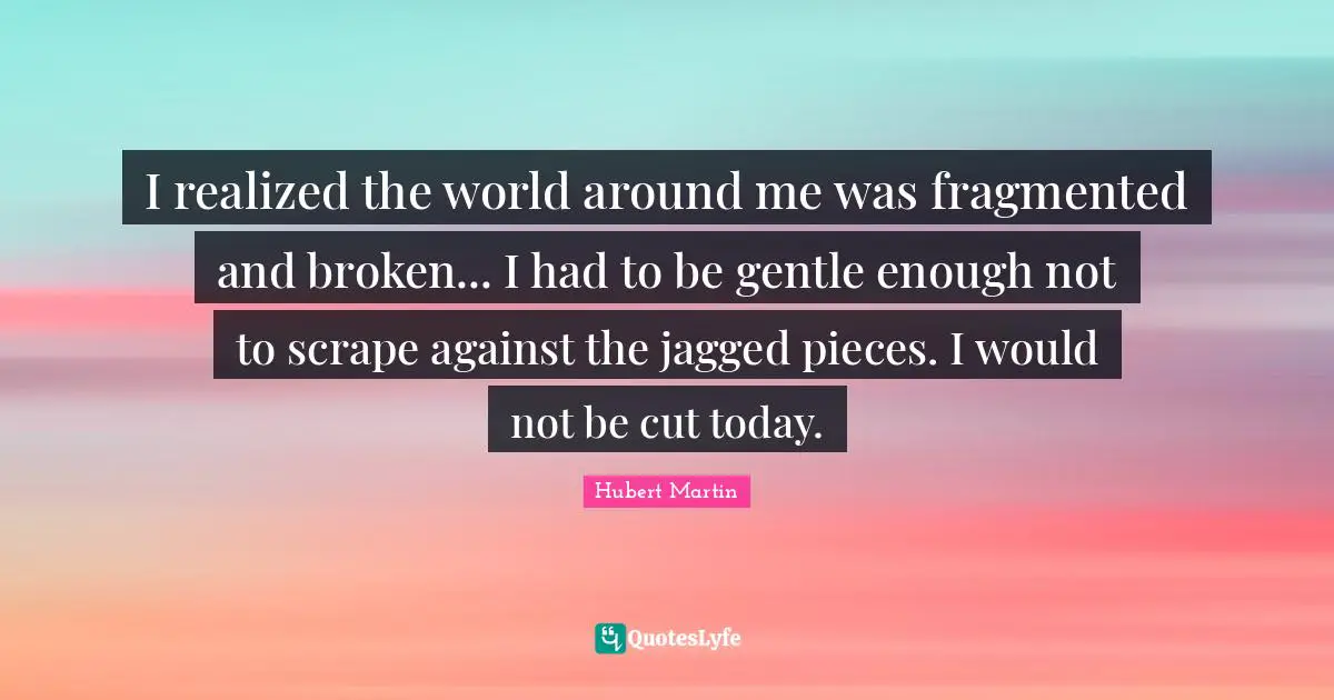 Hubert Martin Quotes: "I realized the world around me was fragmented and broken... I had to be gentle enough not to scrape against the jagged pieces. I would not be cut today."