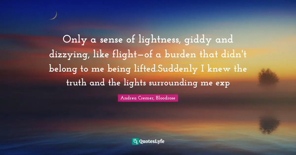 Only a sense of lightness, giddy and dizzying, like flight—of a burden that didn't belong to me being lifted.Suddenly I knew the truth and the lights surrounding me exp
