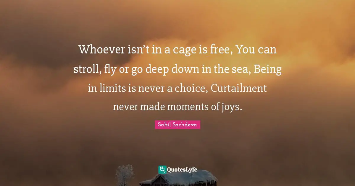 Whoever isn’t in a cage is free, You can stroll, fly or go deep down in the sea, Being in limits is never a choice, Curtailment never made moments of joys.