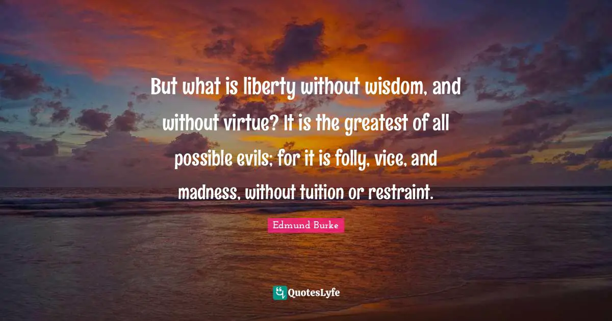 Edmund Burke Quotes: "But what is liberty without wisdom, and without virtue? It is the greatest of all possible evils; for it is folly, vice, and madness, without tuition or restraint."
