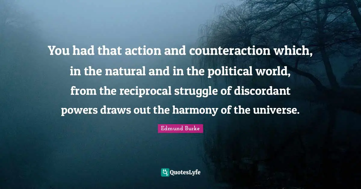 You had that action and counteraction which, in the natural and in the political world, from the reciprocal struggle of discordant powers draws out the harmony of the universe.