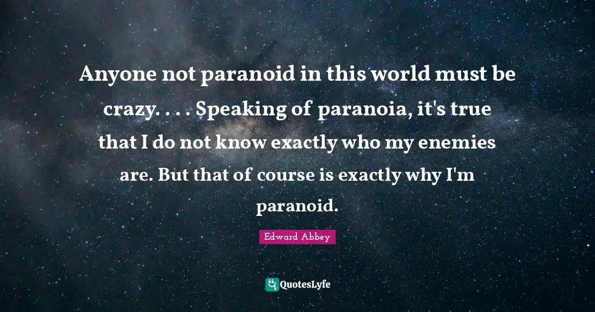 Anyone not paranoid in this world must be crazy. . . . Speaking of paranoia, it's true that I do not know exactly who my enemies are. But that of course is exactly why I'm paranoid.