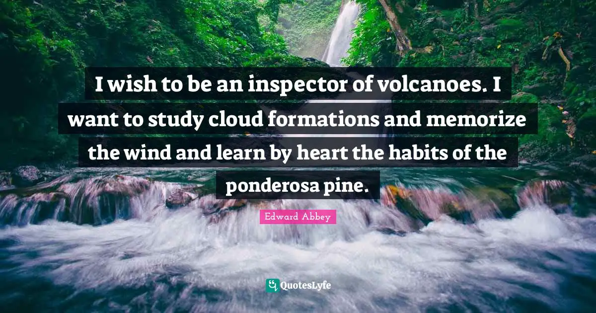 Edward Abbey Quotes: "I wish to be an inspector of volcanoes. I want to study cloud formations and memorize the wind and learn by heart the habits of the ponderosa pine."