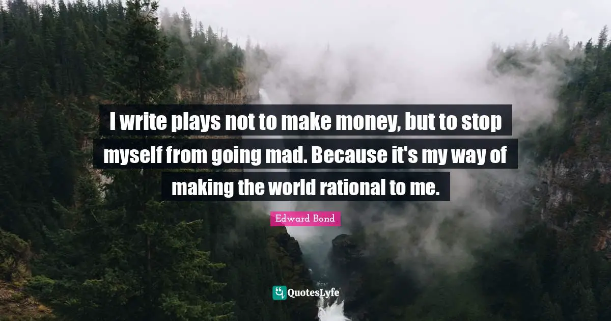 I write plays not to make money, but to stop myself from going mad. Because it's my way of making the world rational to me.