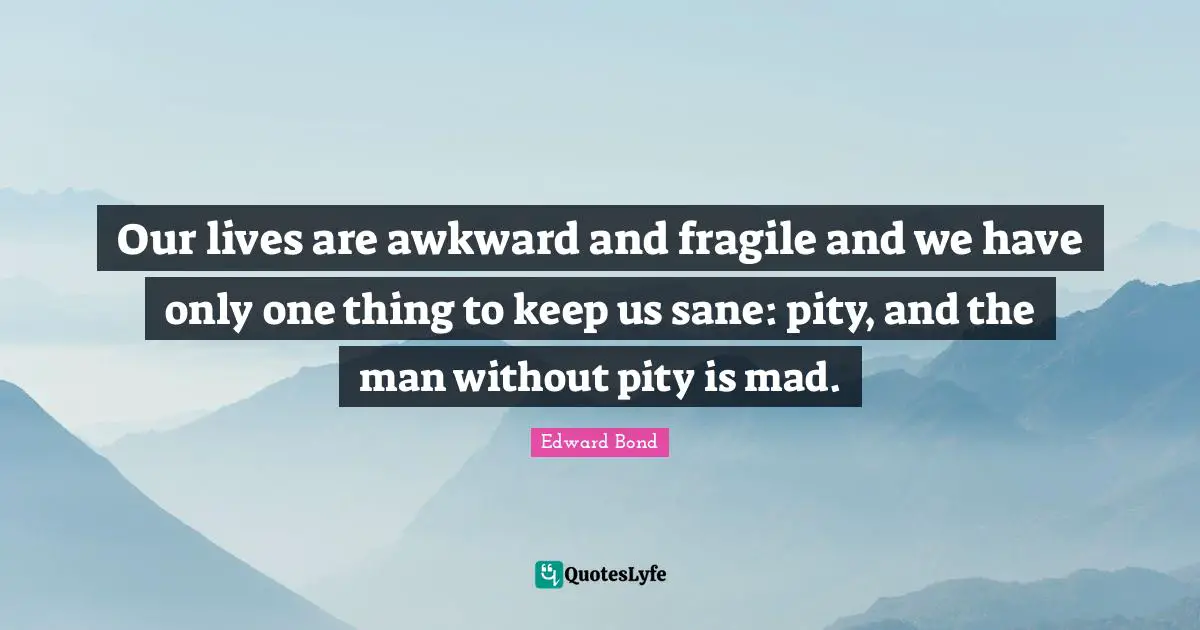 J.L. Bond Quotes: "Our lives are awkward and fragile and we have only one thing to keep us sane: pity, and the man without pity is mad."