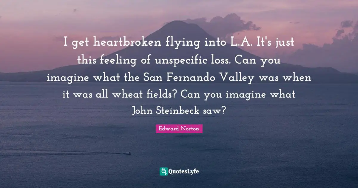 I get heartbroken flying into L.A. It's just this feeling of unspecific loss. Can you imagine what the San Fernando Valley was when it was all wheat fields? Can you imagine what John Steinbeck saw?