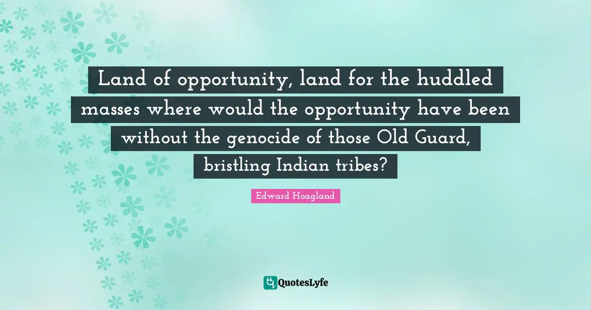 Land of opportunity, land for the huddled masses where would the opportunity have been without the genocide of those Old Guard, bristling Indian tribes?