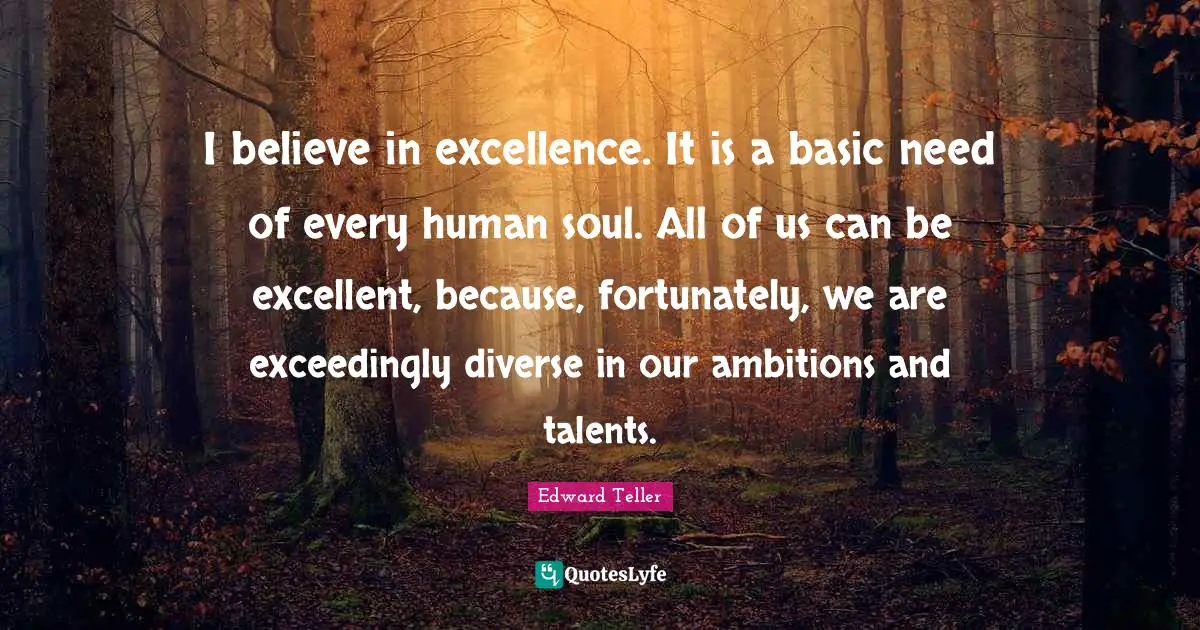 I believe in excellence. It is a basic need of every human soul. All of us can be excellent, because, fortunately, we are exceedingly diverse in our ambitions and talents.