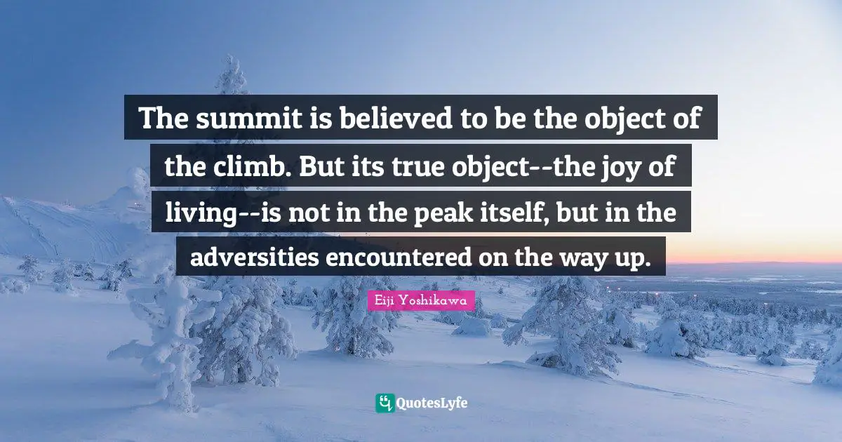 The summit is believed to be the object of the climb. But its true object--the joy of living--is not in the peak itself, but in the adversities encountered on the way up.