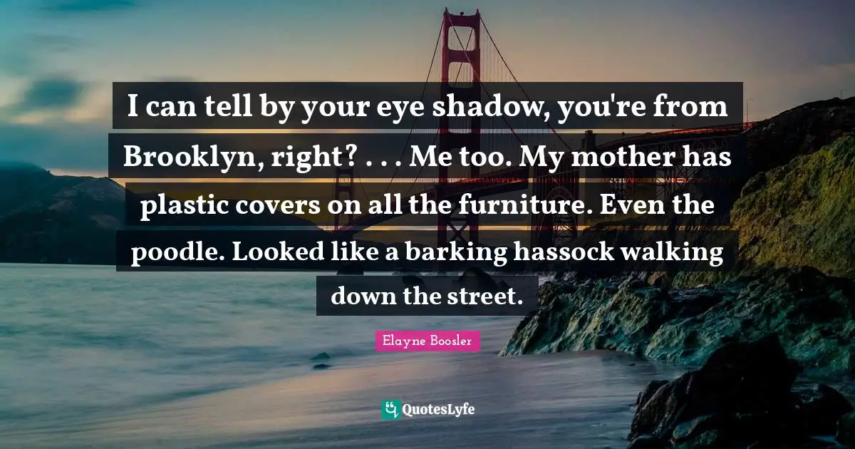 I can tell by your eye shadow, you're from Brooklyn, right? . . . Me too. My mother has plastic covers on all the furniture. Even the poodle. Looked like a barking hassock walking down the street.