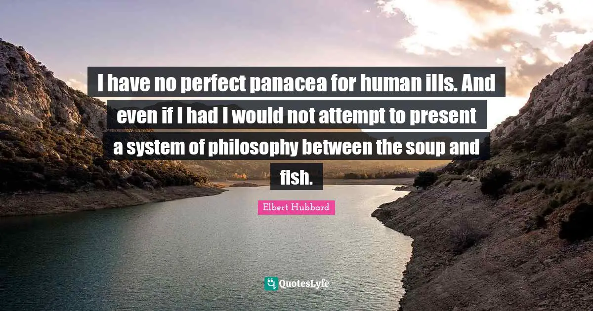 I have no perfect panacea for human ills. And even if I had I would not attempt to present a system of philosophy between the soup and fish.