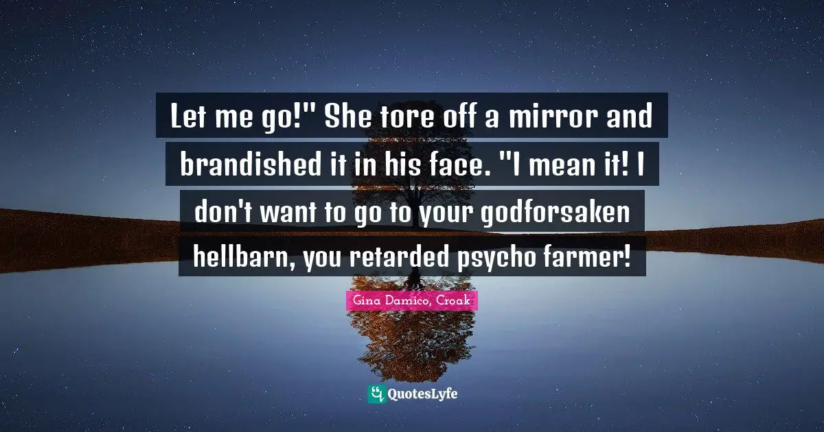 Let me go!" She tore off a mirror and brandished it in his face. "I mean it! I don't want to go to your godforsaken hellbarn, you retarded psycho farmer!