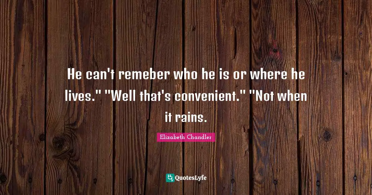 Elizabeth Chandler Quotes: "He can't remeber who he is or where he lives." "Well that's convenient." "Not when it rains."