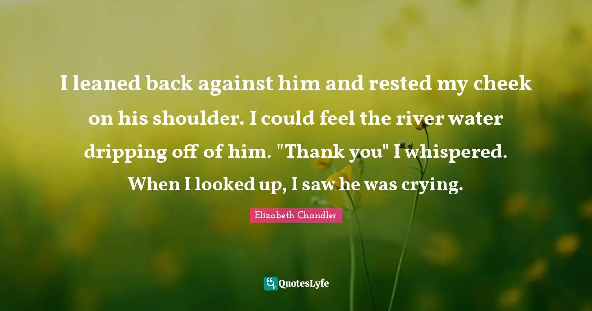 Elizabeth Chandler Quotes: "I leaned back against him and rested my cheek on his shoulder. I could feel the river water dripping off of him. "Thank you" I whispered. When I looked up, I saw he was crying."