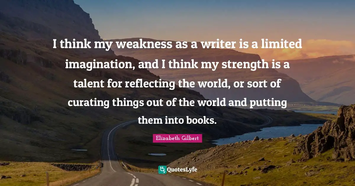 I think my weakness as a writer is a limited imagination, and I think my strength is a talent for reflecting the world, or sort of curating things out of the world and putting them into books.