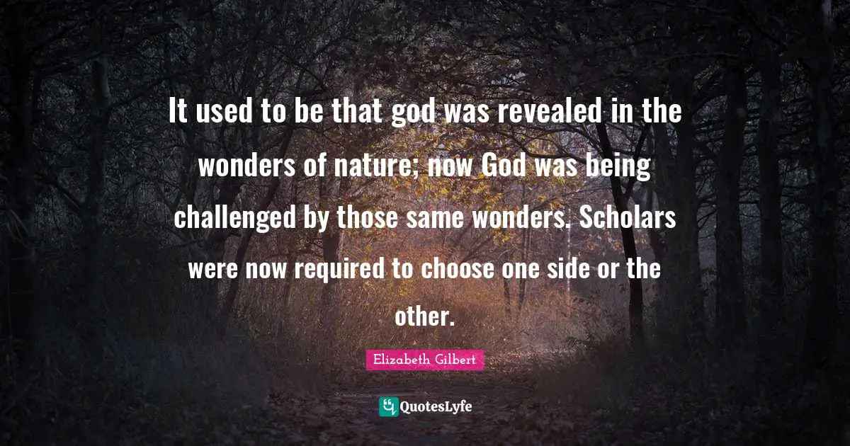 It used to be that god was revealed in the wonders of nature; now God was being challenged by those same wonders. Scholars were now required to choose one side or the other.