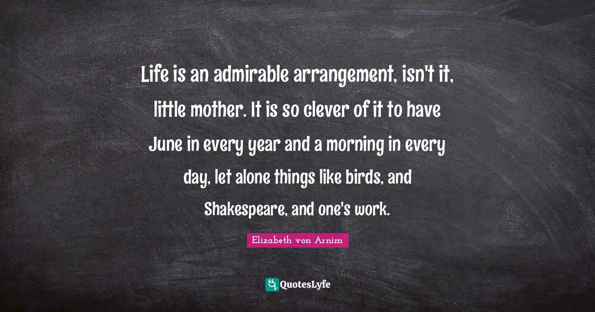 Life is an admirable arrangement, isn't it, little mother. It is so clever of it to have June in every year and a morning in every day, let alone things like birds, and Shakespeare, and one's work.