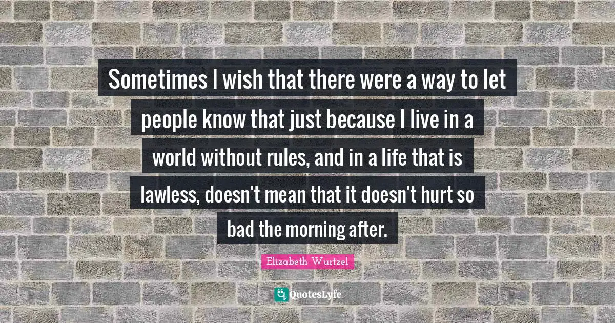 Sometimes I wish that there were a way to let people know that just because I live in a world without rules, and in a life that is lawless, doesn't mean that it doesn't hurt so bad the morning after.
