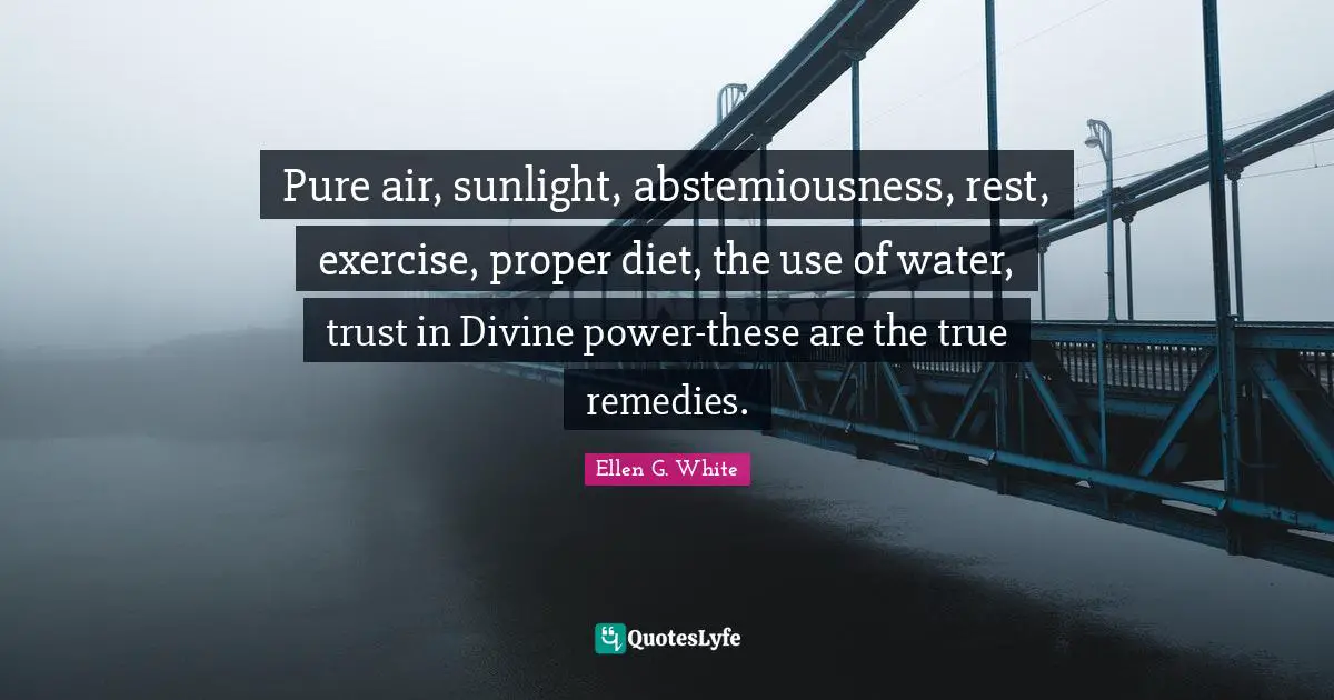 Ellen G. White Quotes: "Pure air, sunlight, abstemiousness, rest, exercise, proper diet, the use of water, trust in Divine power-these are the true remedies."