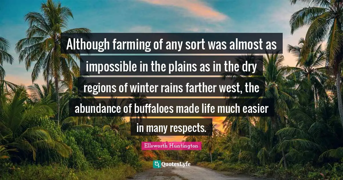 Although farming of any sort was almost as impossible in the plains as in the dry regions of winter rains farther west, the abundance of buffaloes made life much easier in many respects.