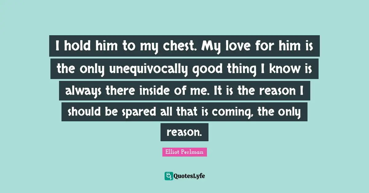 I hold him to my chest. My love for him is the only unequivocally good thing I know is always there inside of me. It is the reason I should be spared all that is coming, the only reason.