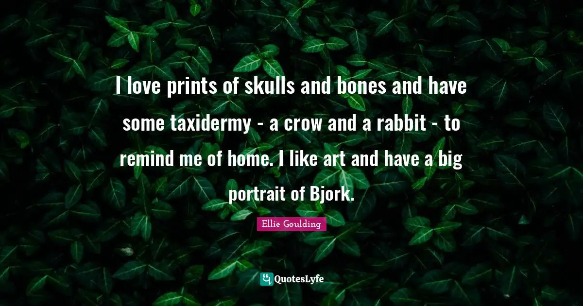 I love prints of skulls and bones and have some taxidermy - a crow and a rabbit - to remind me of home. I like art and have a big portrait of Bjork.