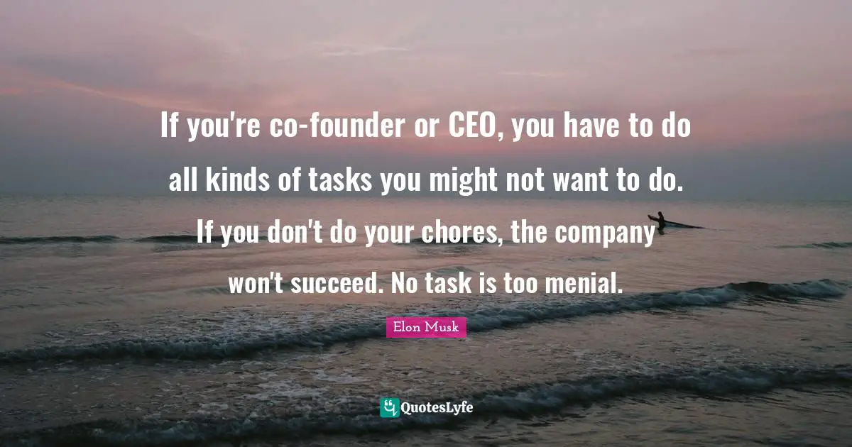Elon Musk Quotes: "If you're co-founder or CEO, you have to do all kinds of tasks you might not want to do. If you don't do your chores, the company won't succeed. No task is too menial."