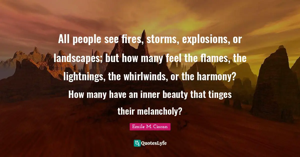 All people see fires, storms, explosions, or landscapes; but how many feel the flames, the lightnings, the whirlwinds, or the harmony? How many have an inner beauty that tinges their melancholy?