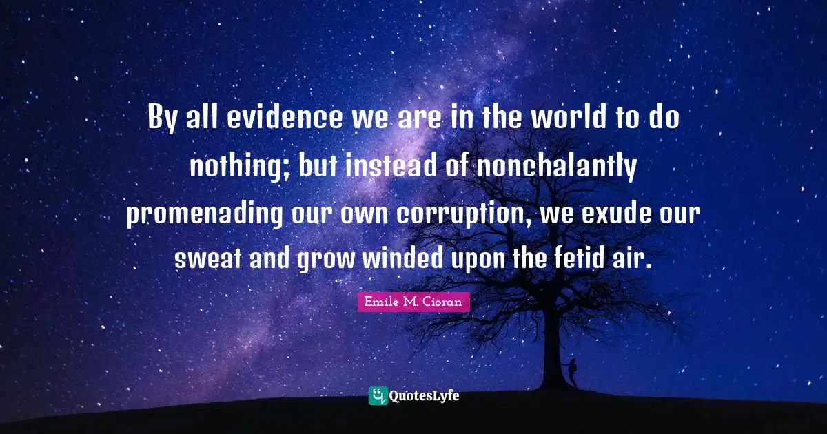 By all evidence we are in the world to do nothing; but instead of nonchalantly promenading our own corruption, we exude our sweat and grow winded upon the fetid air.