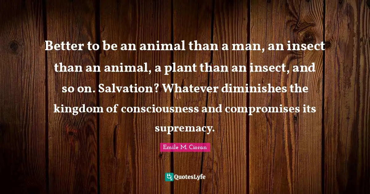 Emile M. Cioran Quotes: "Better to be an animal than a man, an insect than an animal, a plant than an insect, and so on. Salvation? Whatever diminishes the kingdom of consciousness and compromises its supremacy."