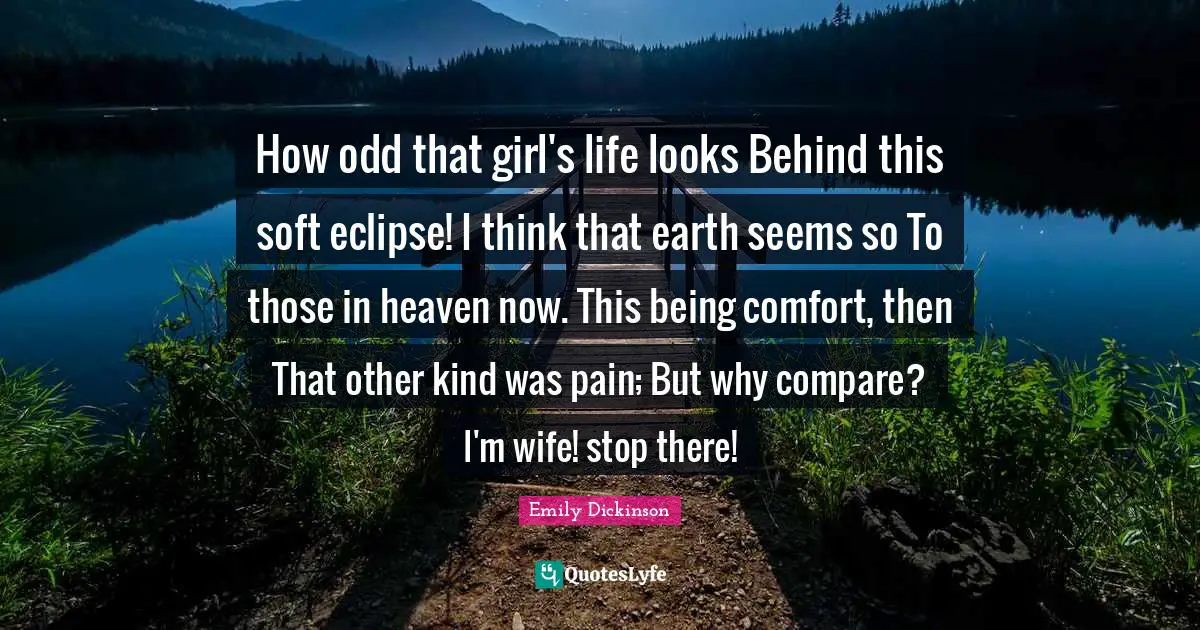 How odd that girl's life looks Behind this soft eclipse! I think that earth seems so To those in heaven now. This being comfort, then That other kind was pain; But why compare? I'm wife! stop there!