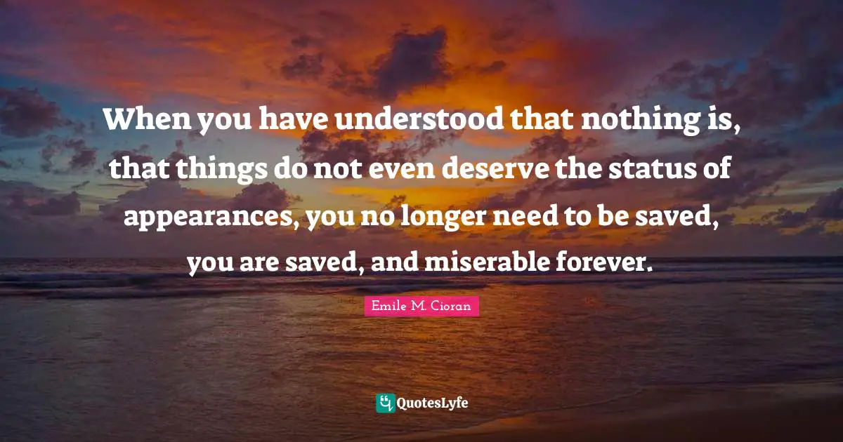 When you have understood that nothing is, that things do not even deserve the status of appearances, you no longer need to be saved, you are saved, and miserable forever.