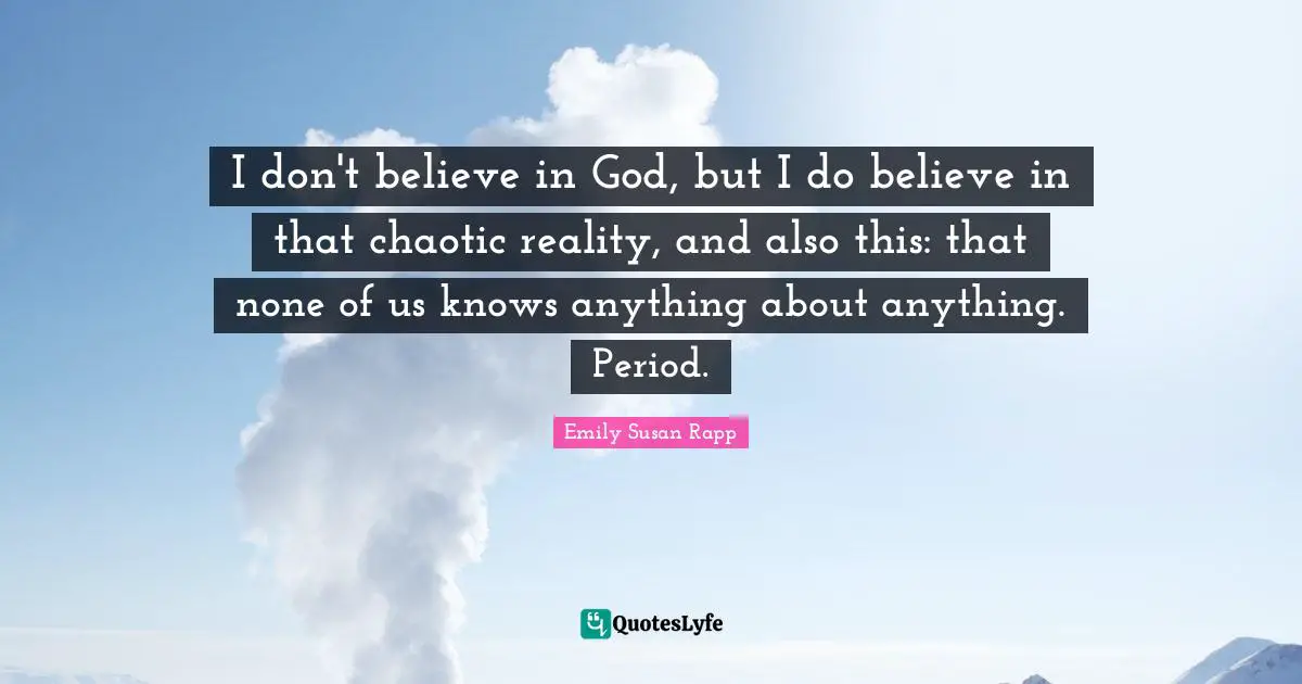 I don't believe in God, but I do believe in that chaotic reality, and also this: that none of us knows anything about anything. Period.