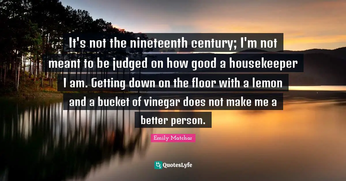 It's not the nineteenth century; I'm not meant to be judged on how good a housekeeper I am. Getting down on the floor with a lemon and a bucket of vinegar does not make me a better person.