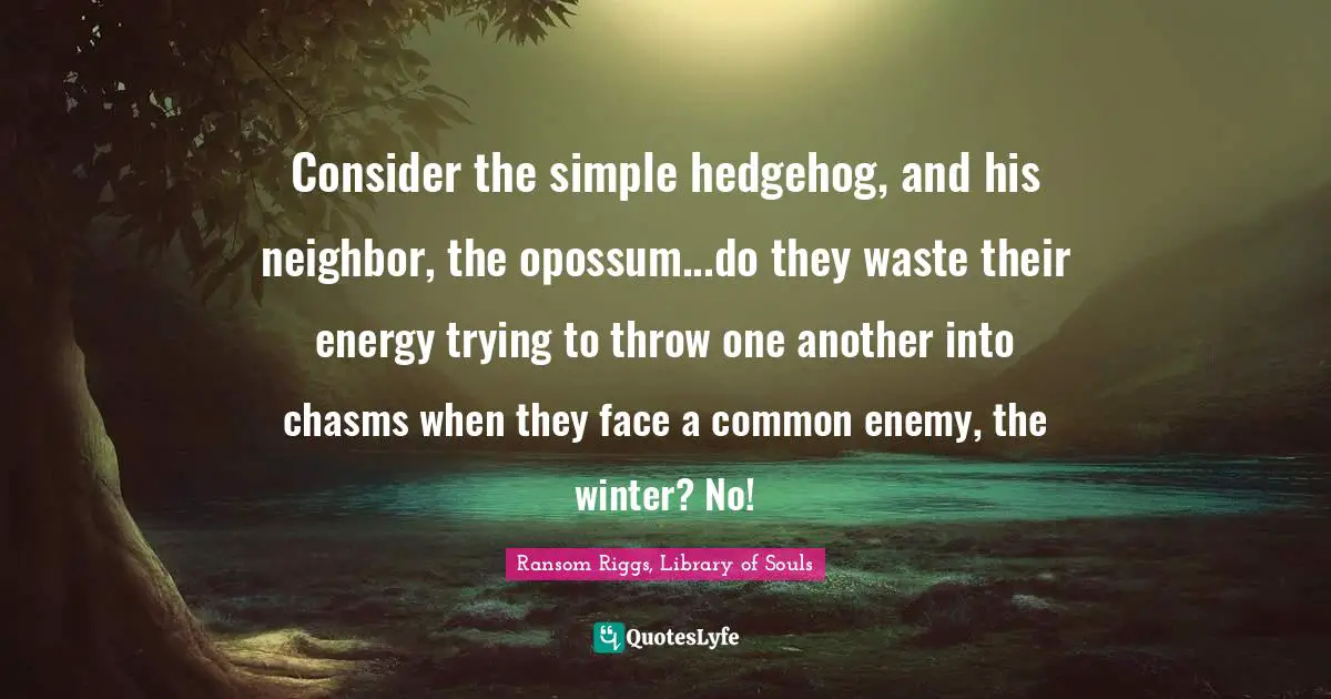 Consider the simple hedgehog, and his neighbor, the opossum...do they waste their energy trying to throw one another into chasms when they face a common enemy, the winter? No!