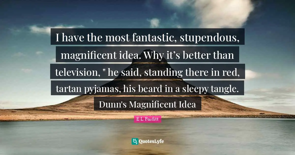 I have the most fantastic, stupendous, magnificent idea. Why it’s better than television, " he said, standing there in red, tartan pyjamas, his beard in a sleepy tangle. Dunn's Magnificent Idea