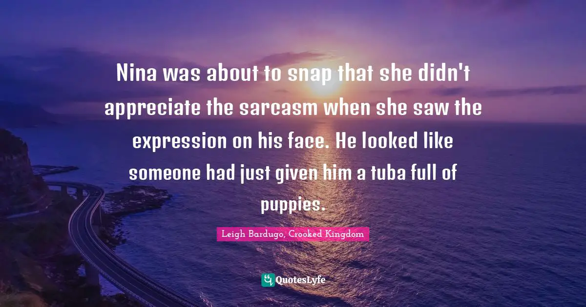 Nina was about to snap that she didn't appreciate the sarcasm when she saw the expression on his face. He looked like someone had just given him a tuba full of puppies.