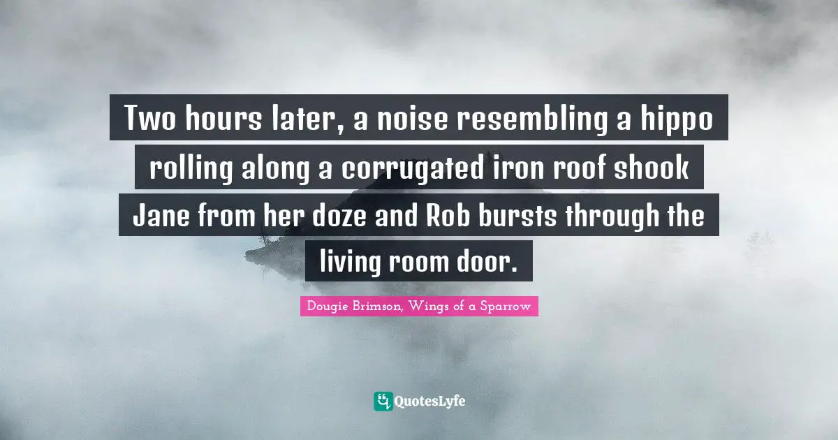 Two hours later, a noise resembling a hippo rolling along a corrugated iron roof shook Jane from her doze and Rob bursts through the living room door.
