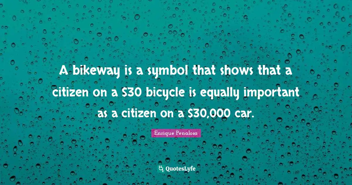 A bikeway is a symbol that shows that a citizen on a $30 bicycle is equally important as a citizen on a $30,000 car.