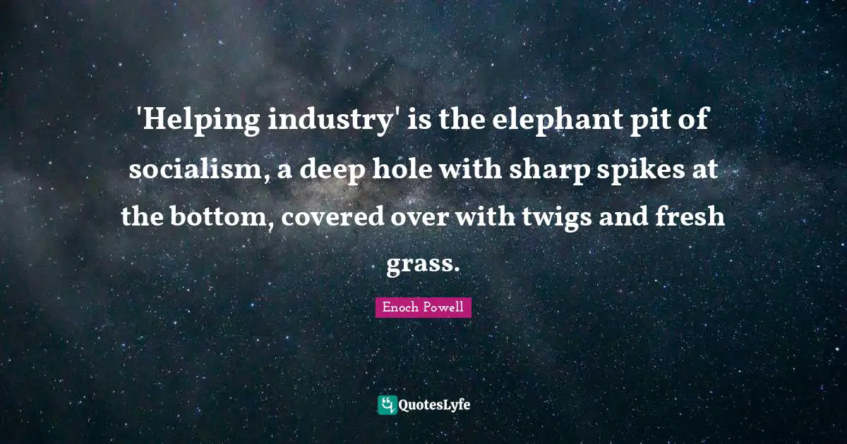 Enoch Powell Quotes: "'Helping industry' is the elephant pit of socialism, a deep hole with sharp spikes at the bottom, covered over with twigs and fresh grass."