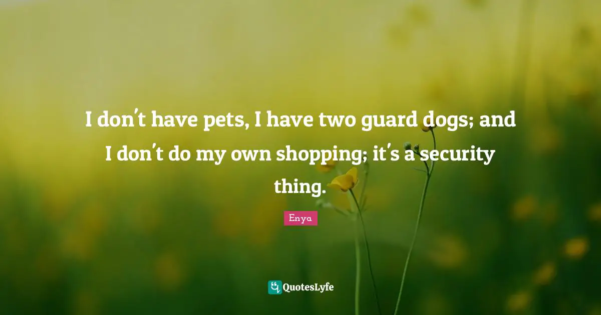 Enya Quotes: "I don't have pets, I have two guard dogs; and I don't do my own shopping; it's a security thing."