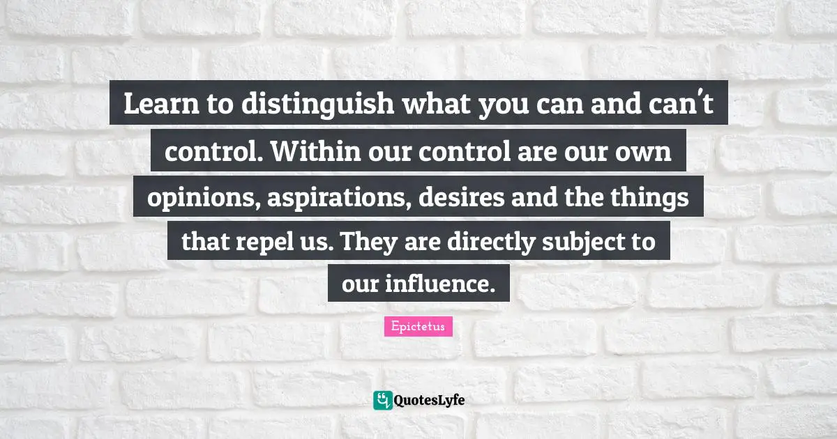 Learn to distinguish what you can and can't control. Within our control are our own opinions, aspirations, desires and the things that repel us. They are directly subject to our influence.