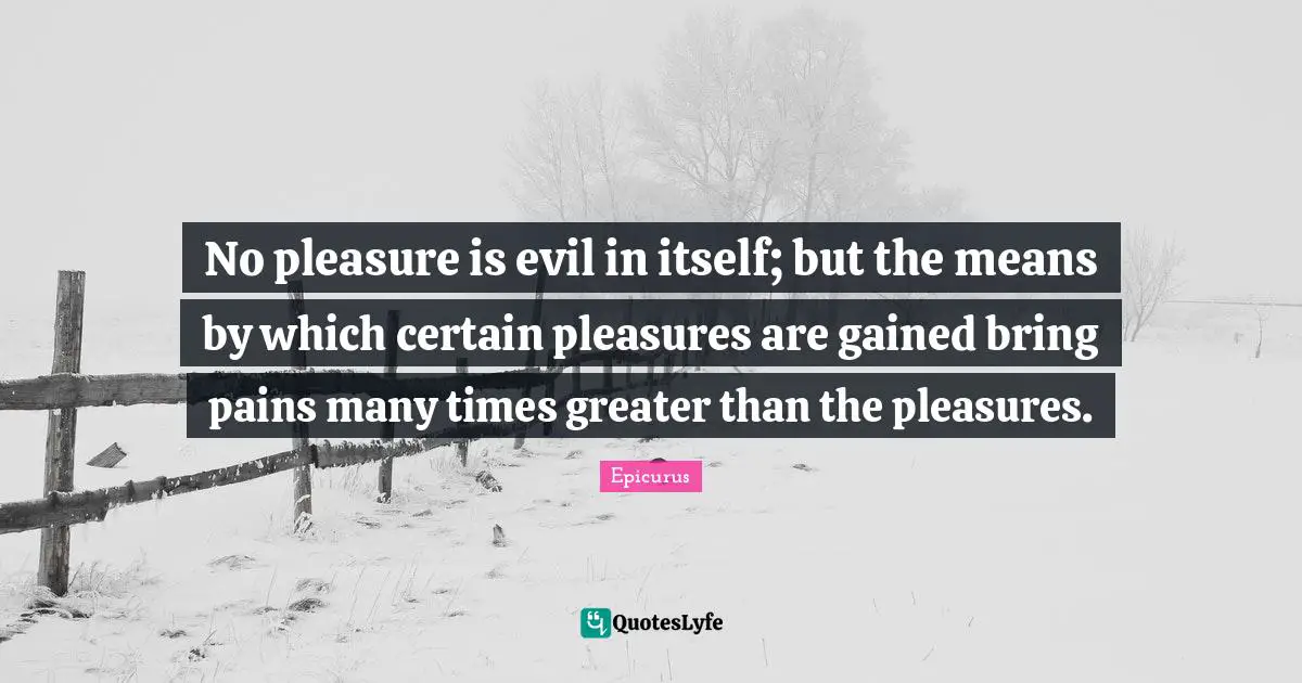 No pleasure is evil in itself; but the means by which certain pleasures are gained bring pains many times greater than the pleasures.