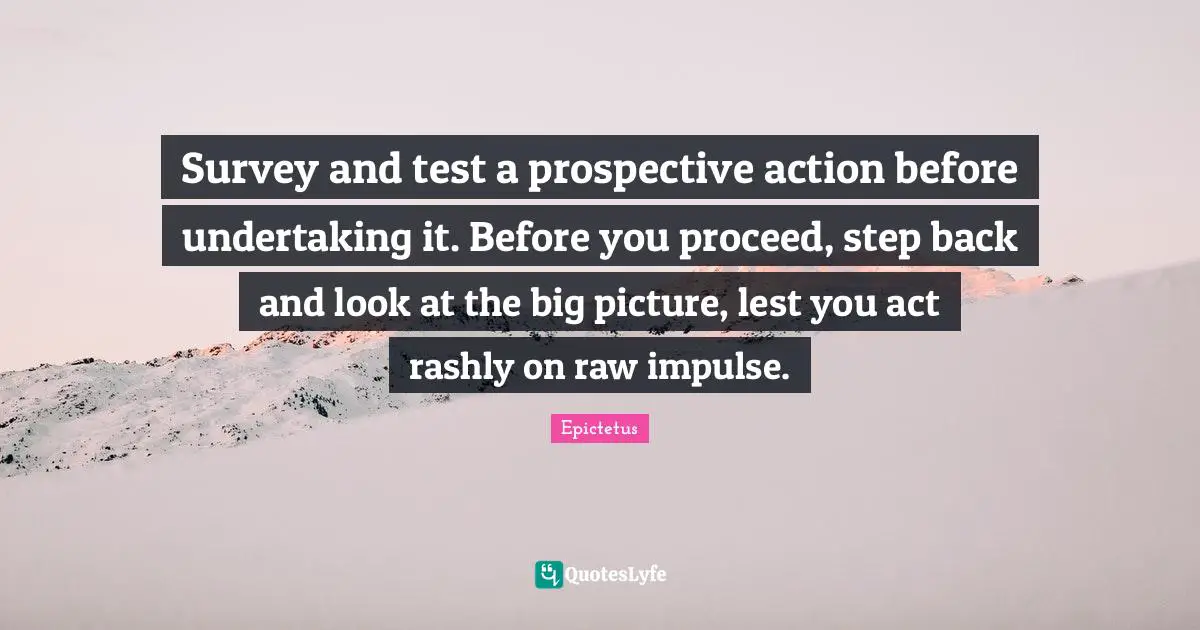 Survey and test a prospective action before undertaking it. Before you proceed, step back and look at the big picture, lest you act rashly on raw impulse.