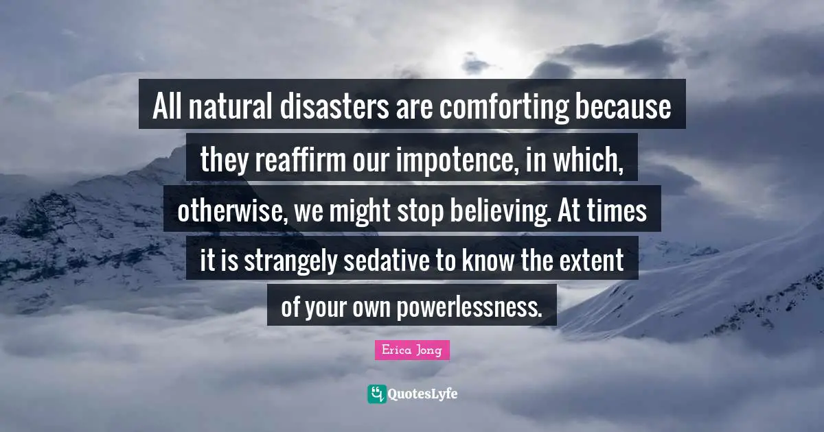All natural disasters are comforting because they reaffirm our impotence, in which, otherwise, we might stop believing. At times it is strangely sedative to know the extent of your own powerlessness.