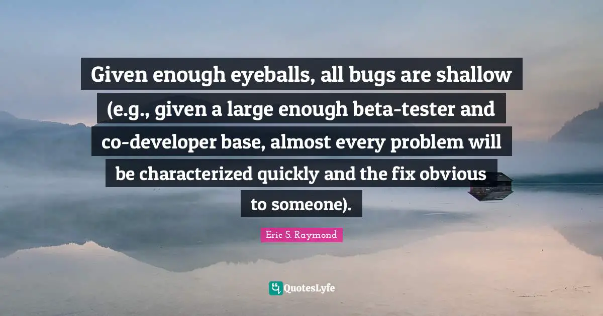 Given enough eyeballs, all bugs are shallow (e.g., given a large enough beta-tester and co-developer base, almost every problem will be characterized quickly and the fix obvious to someone).