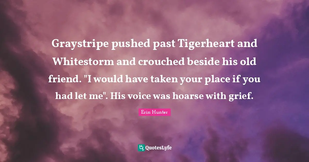 Graystripe pushed past Tigerheart and Whitestorm and crouched beside his old friend. "I would have taken your place if you had let me". His voice was hoarse with grief.
