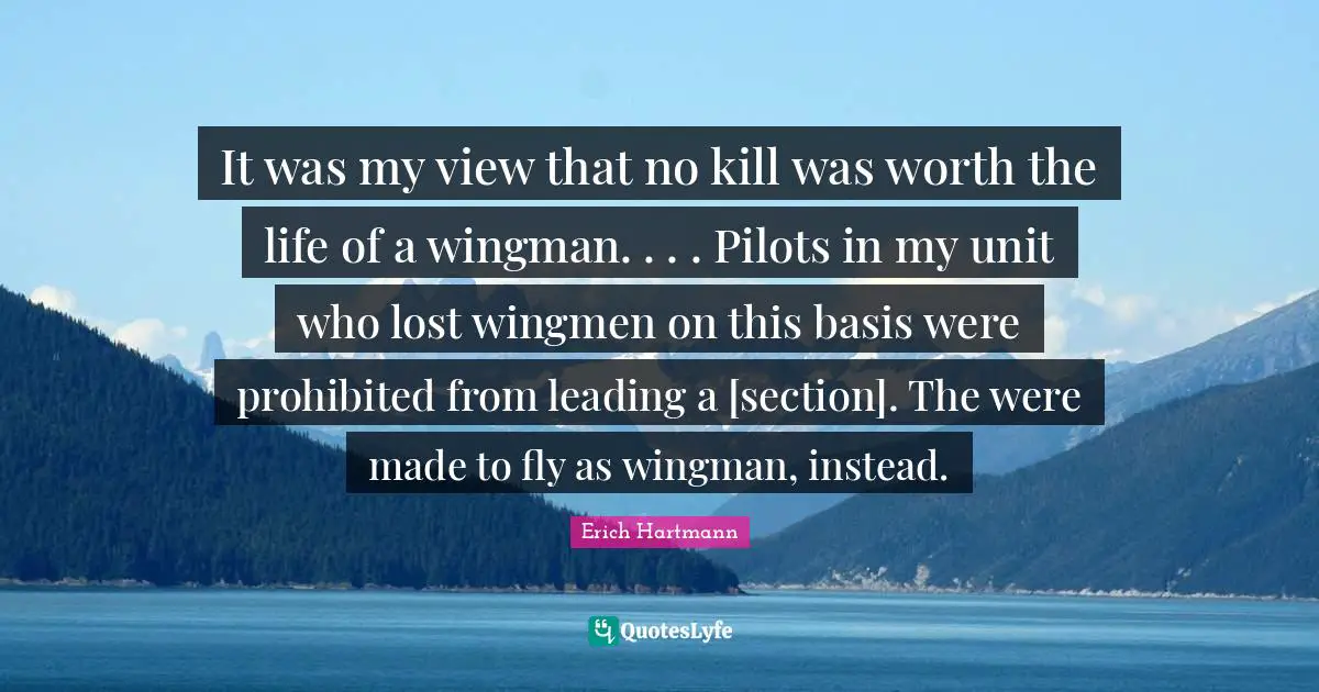 Pilots Quotes: "It was my view that no kill was worth the life of a wingman. . . . Pilots in my unit who lost wingmen on this basis were prohibited from leading a [section]. The were made to fly as wingman, instead."
