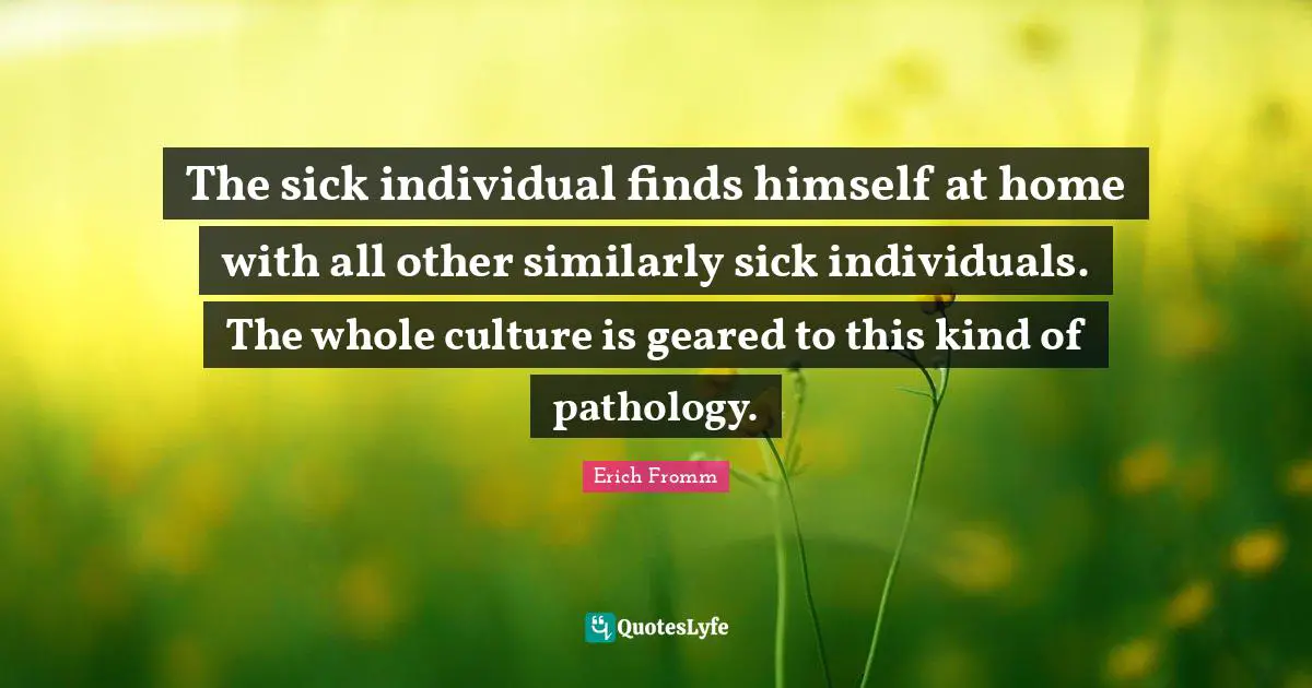 The sick individual finds himself at home with all other similarly sick individuals. The whole culture is geared to this kind of pathology.